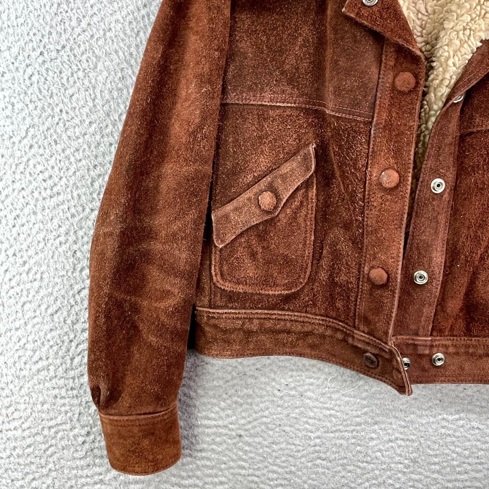 VTG Leather Trucker Jacket Womens 9/10 (XS/S) Sherpa Lined Work Western Crop - Picture 4 of 9